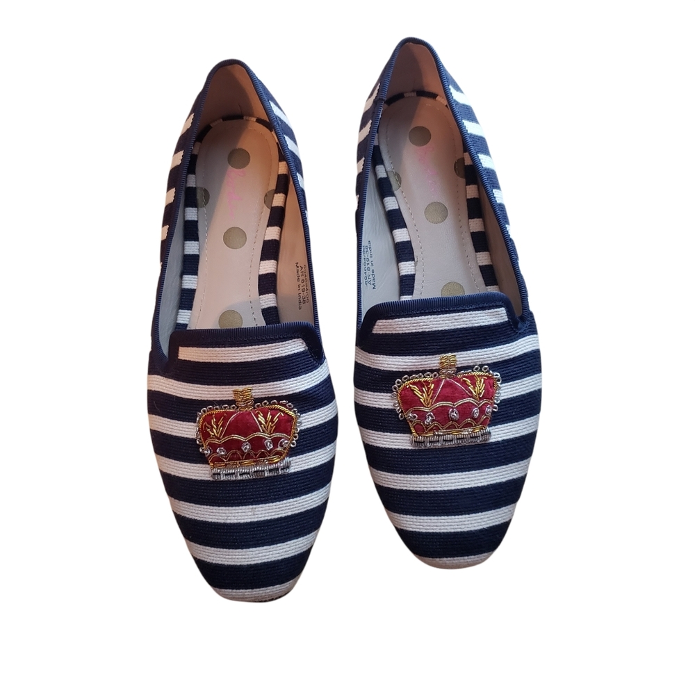 Boden Gabriella embellished flats loafers blue white striped with crown …